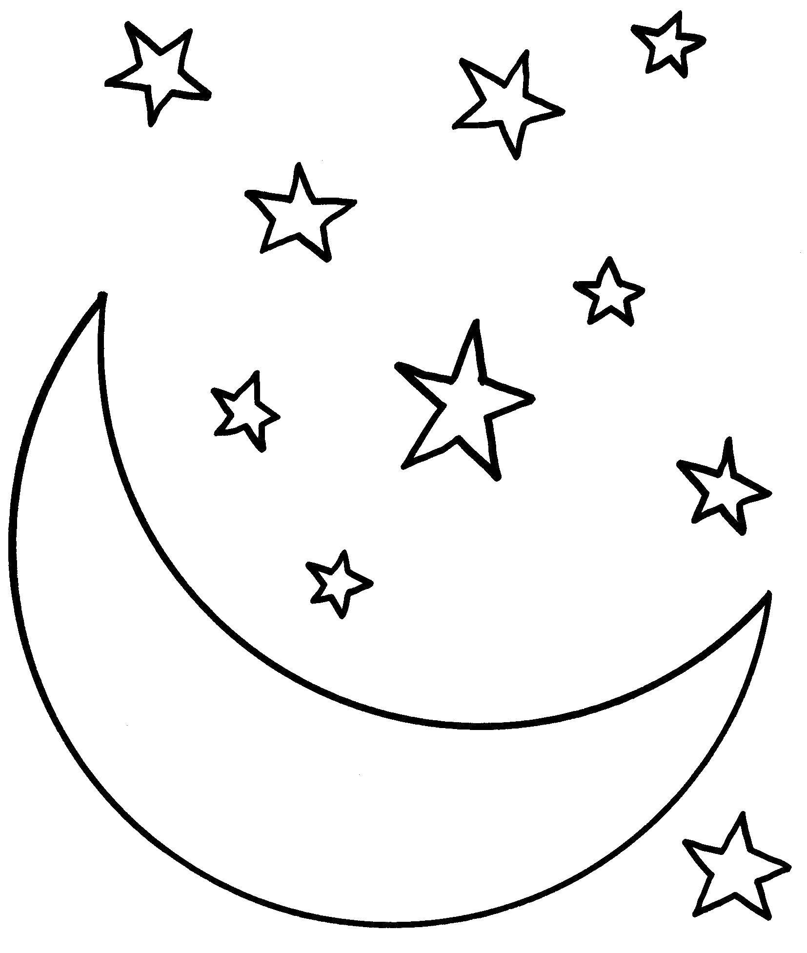 Раскраски контуры для вырезания луна для школьников  Месяц среди звезд