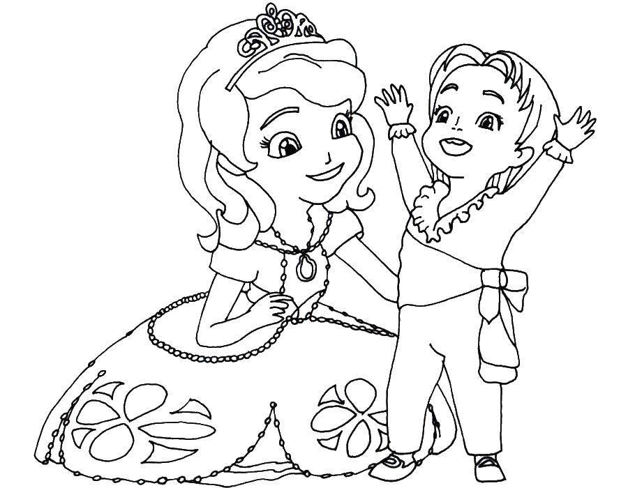 Раскраски с принцессой Софией для девочек. Раскраски из мультфильмов про принцесс  Принцесса софия и принц джеймс