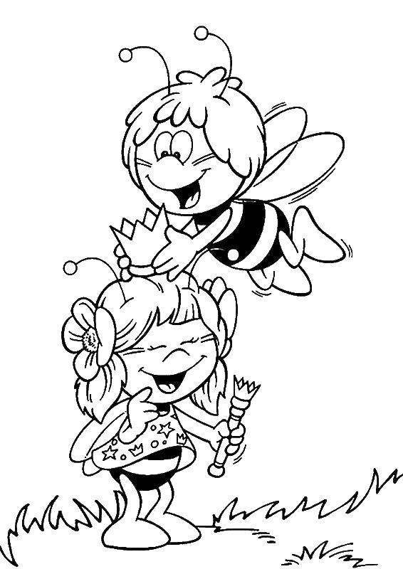 Раскраски по мультфильму пчелка Майя  Пчелка мая одевает корону пчелке