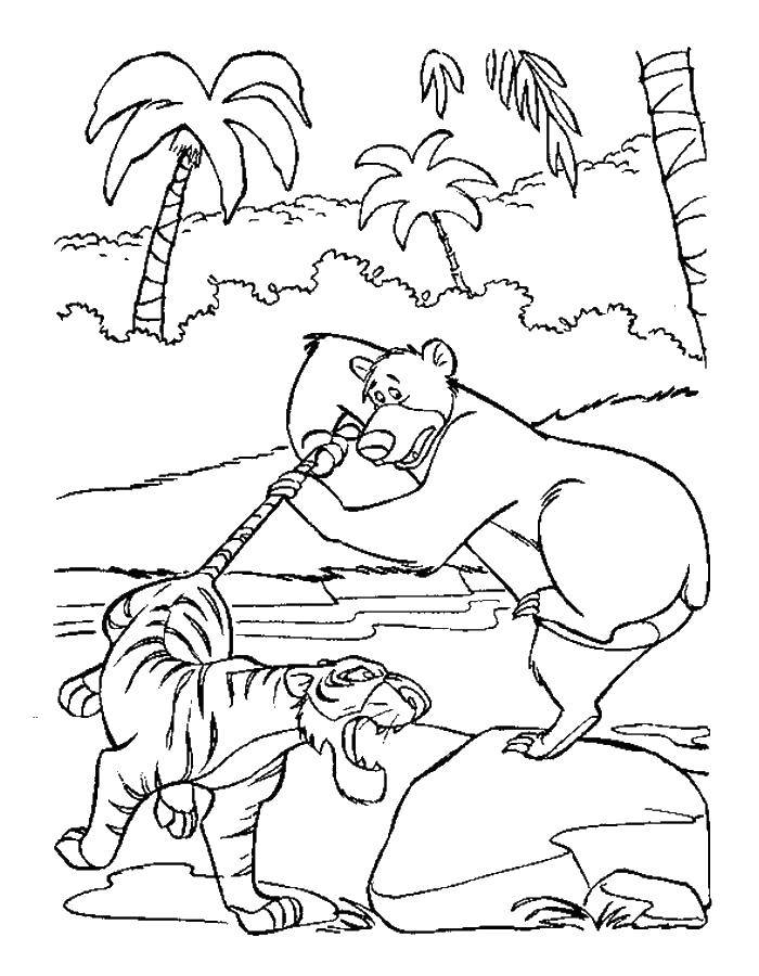 Раскраски с Маугли  для детей  Балу держит шерхана