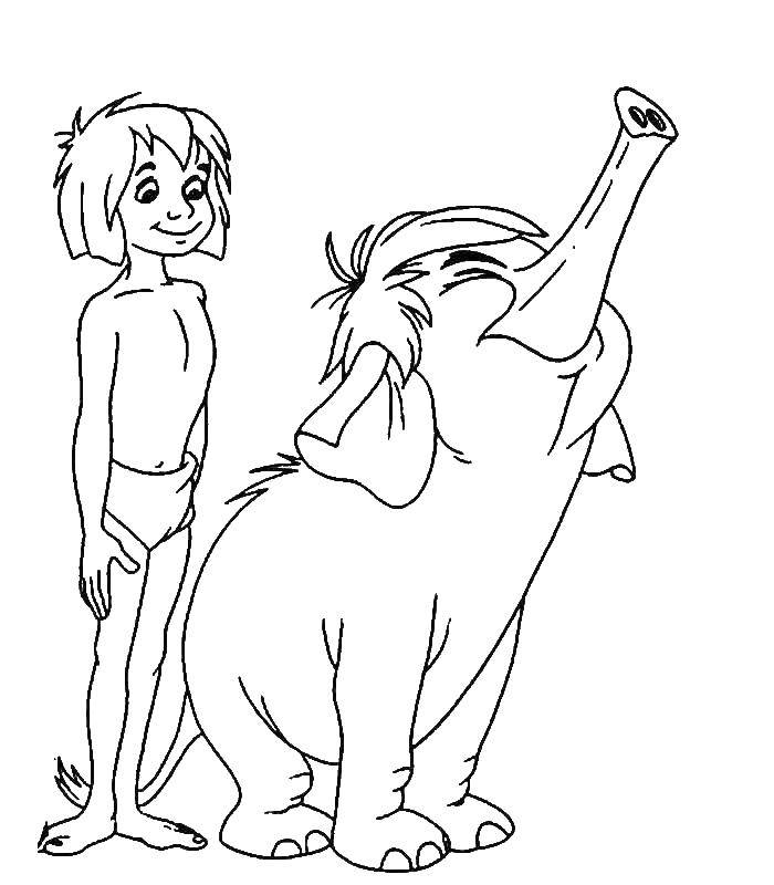 Раскраски с Маугли  для детей  Маугли и слоник
