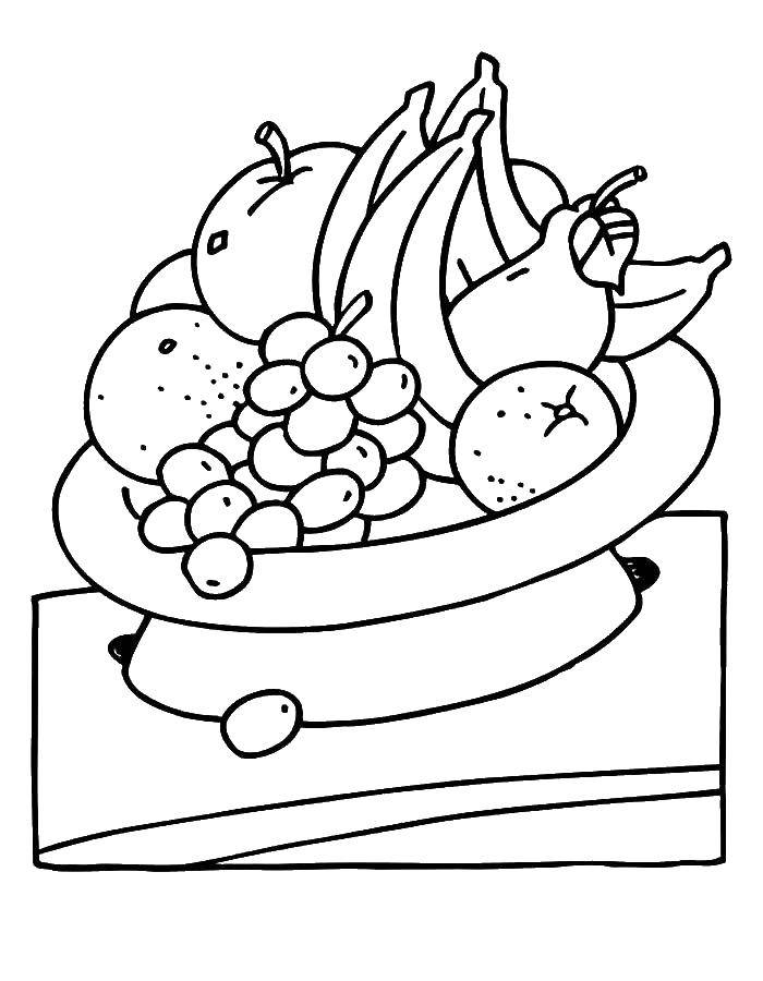 раскраски фрукты яблоки бананы груши персики виноград  Тарелка с фруктами