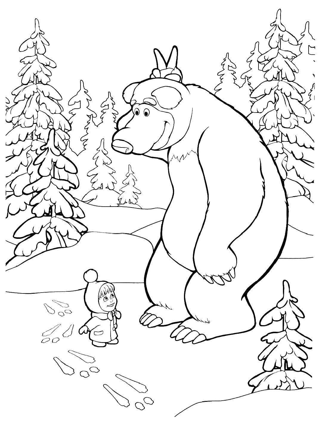 Раскраски для детей про озорную Машу из мультфильма Маша и медведь  Медведь показывает машезайчика