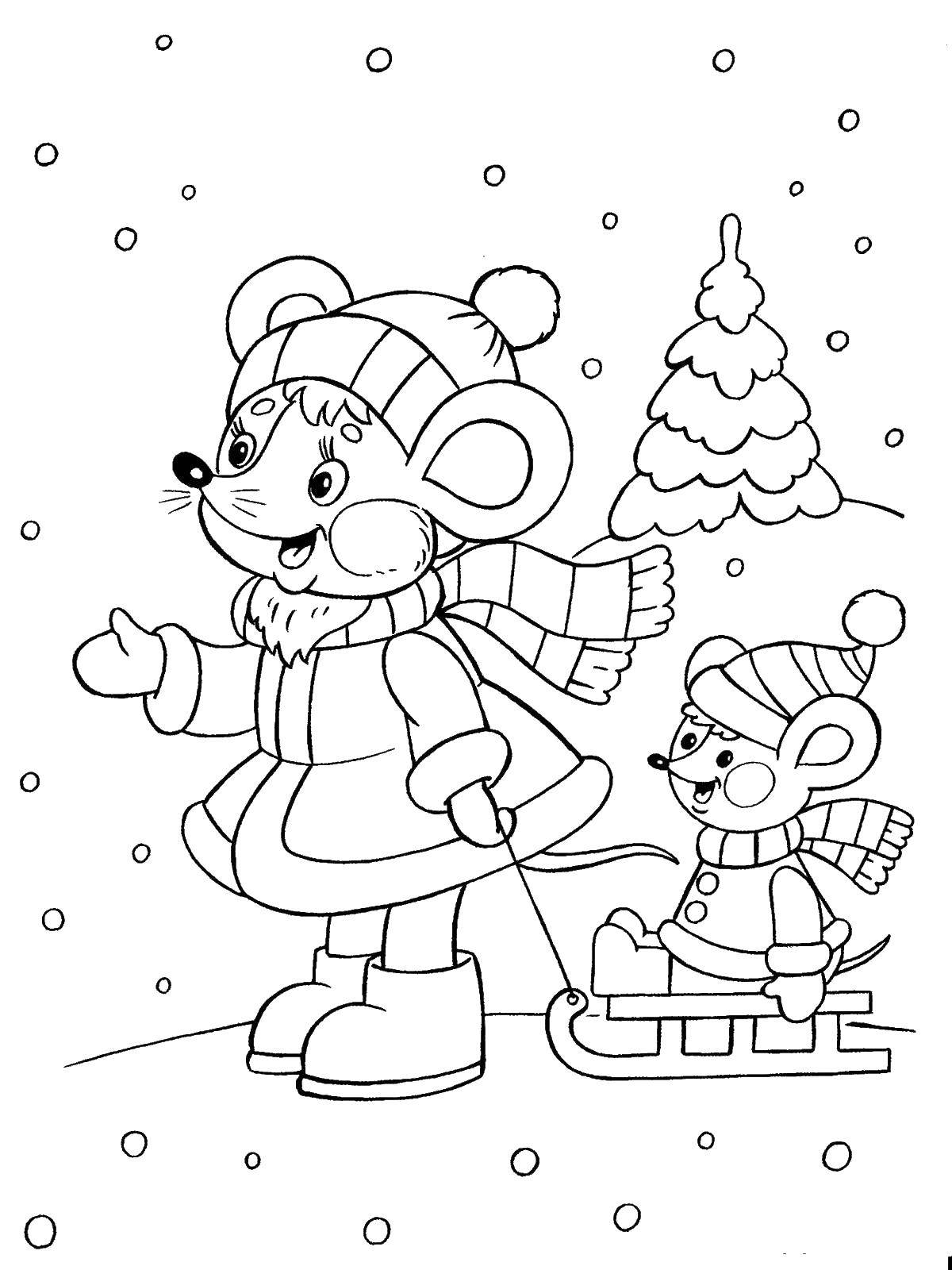 Раскраски для детей Зима, зимушка раскраски для школьников  Мышка везет детеныша на санках