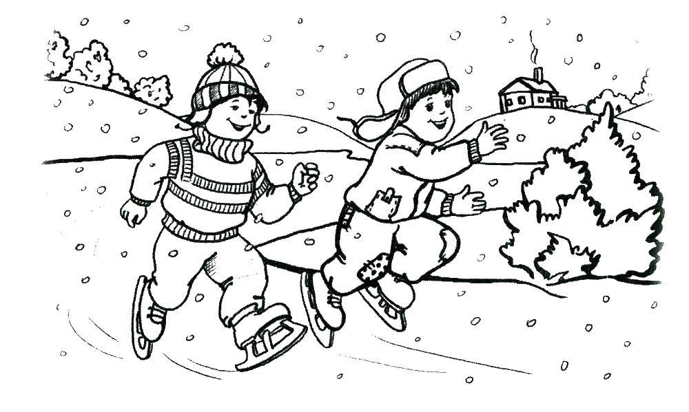 Раскраски для детей Зима, зимушка раскраски для школьников  Дети на катке