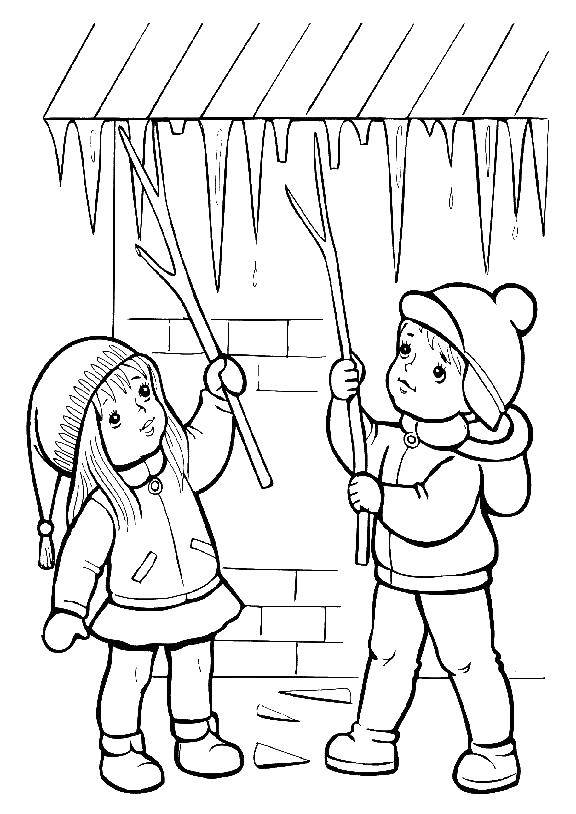 Раскраски для детей Зима, зимушка раскраски для школьников  Дети сбивают сосульки