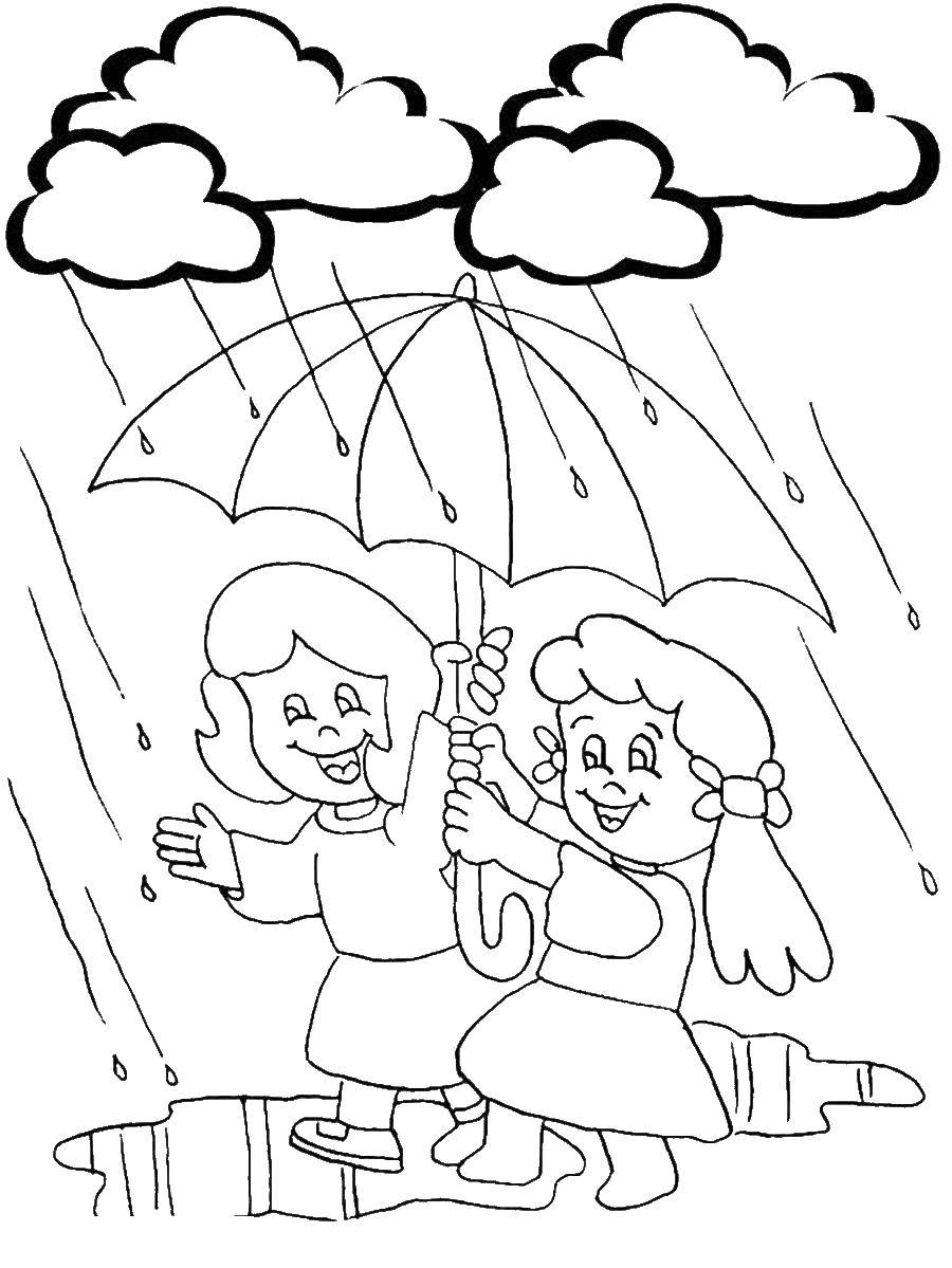 Раскраски природные явления дождь, раскраски дождик для школьников и подростков  Дети идут под зонтом