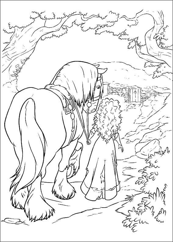 Раскраски Храбрая сердцем для детей, раскраски по интересным мультфильмам  Мерида с конём