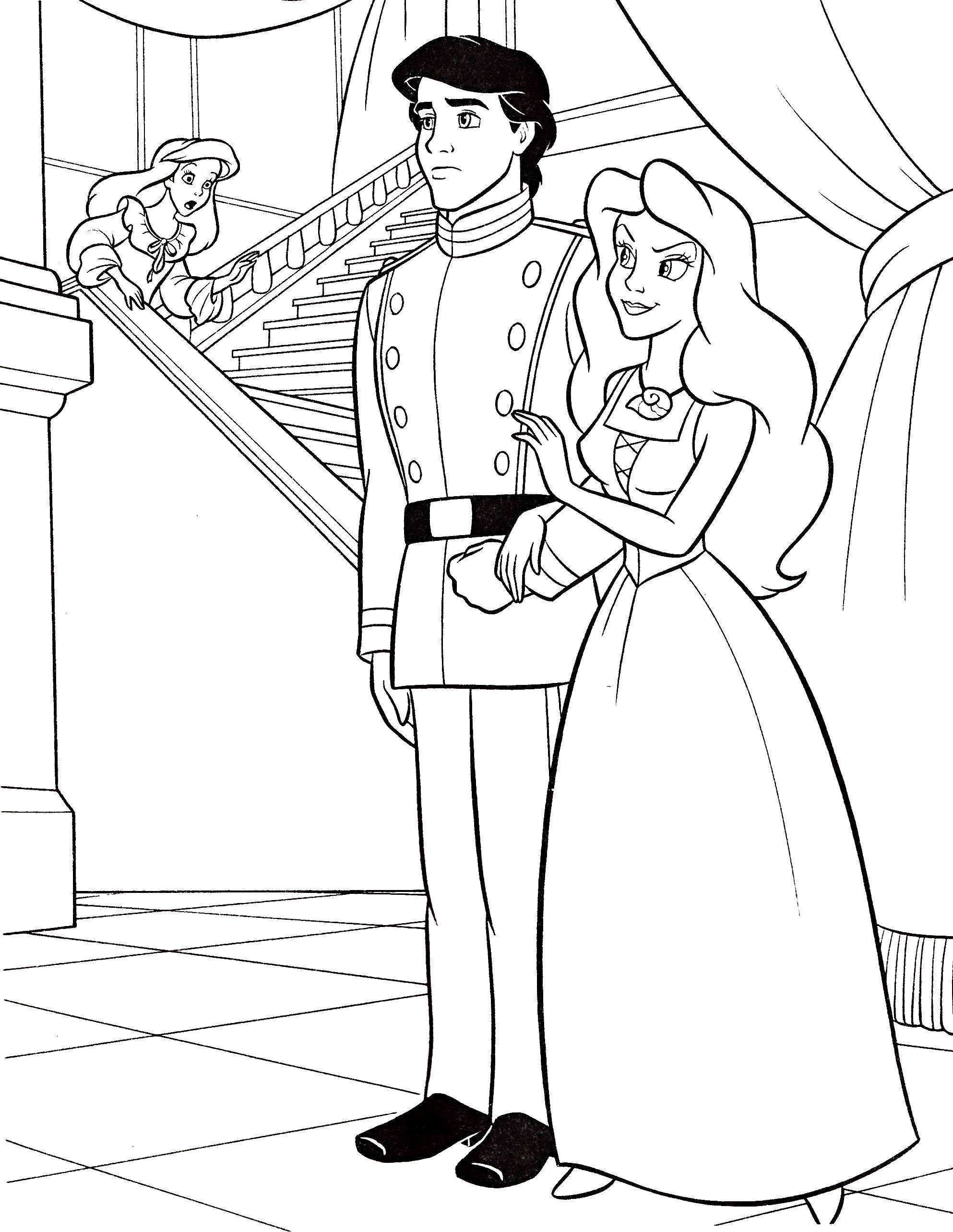 Раскраски по мультфильму русалочка для девочек  Ариэль бежит к принцу эрику