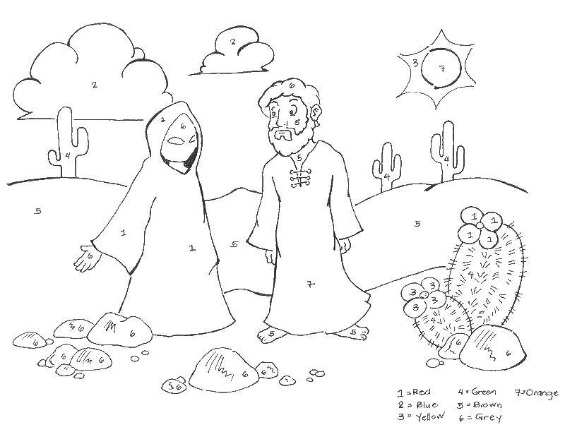  Люди разговаривают в пустыне Раскраска на английском языке по цифрам и цветам. Два человека под палящем солнцем пустыни.