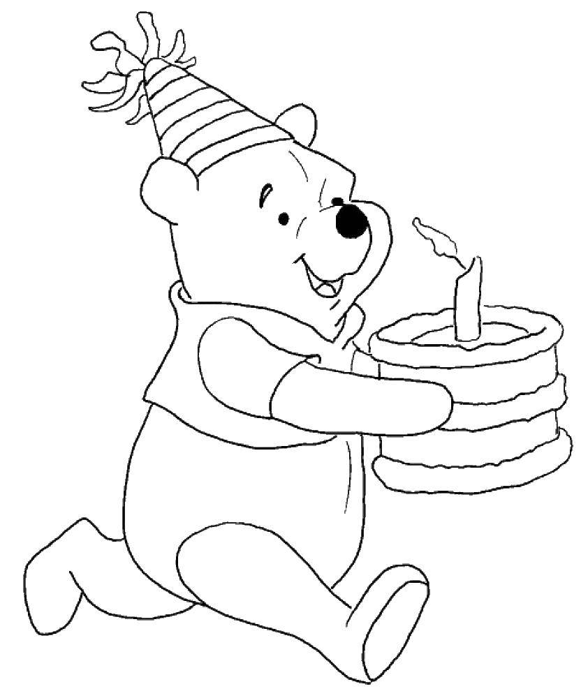 Раскраски из зарубежного мультфильма про Винни Пуха и его друзей для самых маленьких   Винни пух несет торт со свечкой