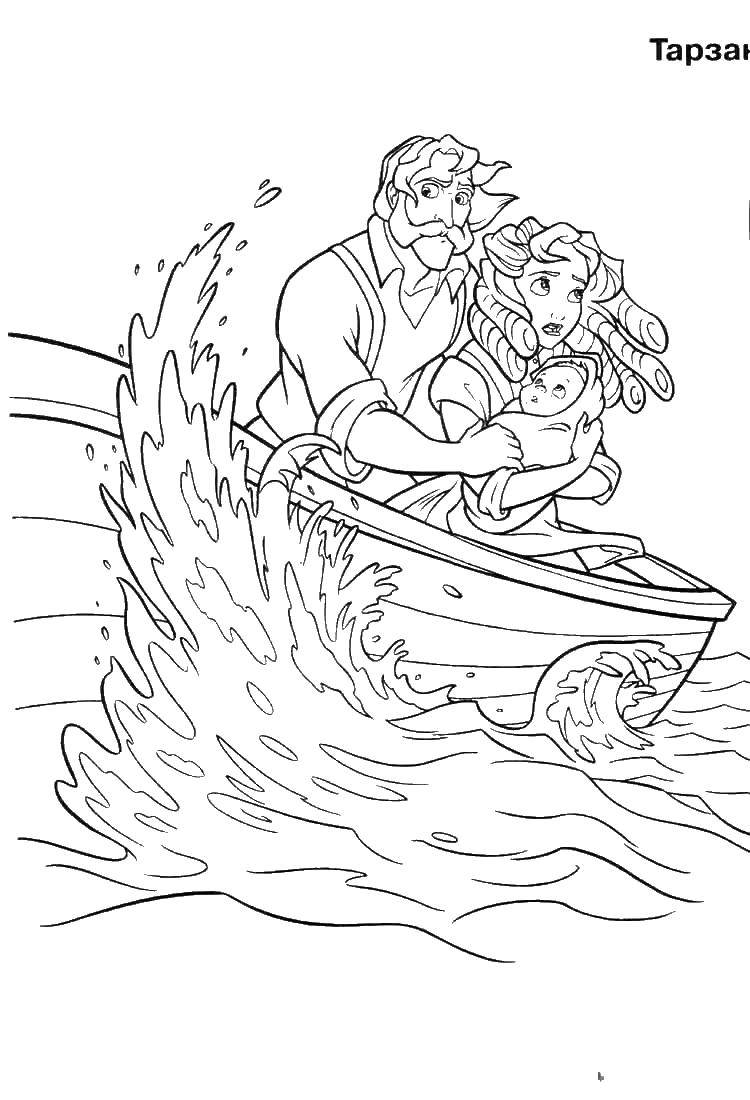Раскраски для детей про Тарзана  Тарзан с родителями в лодке