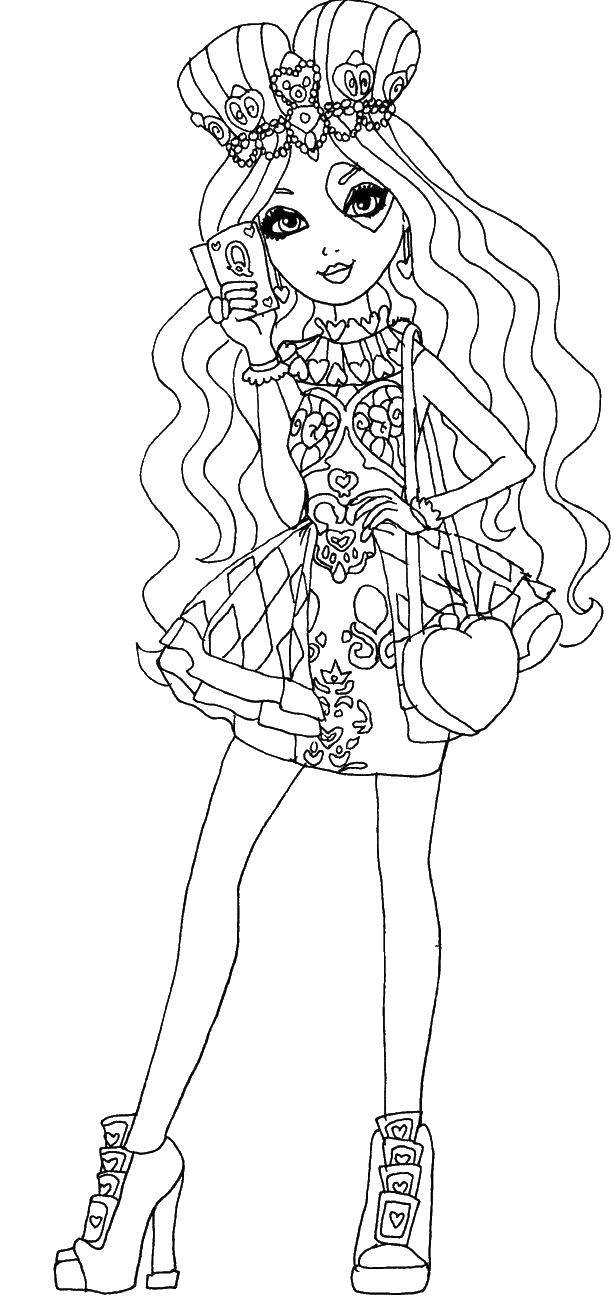 Раскраски с серии кукол Эвер Афтер Хай, раскраски девочек по мультфильму Эвер Афтер Хай  Лиззи хартс дочь червовой королевы