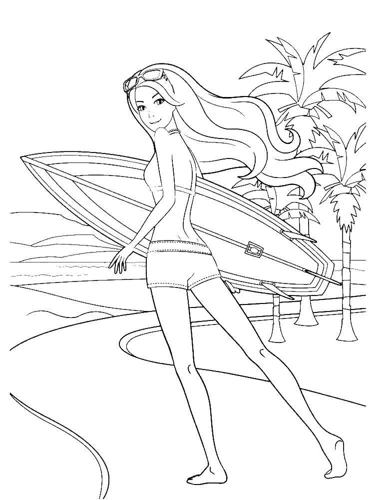 Раскраски с барби по серии мультфильмов  для девочек  Барби с доской для сёрфинга на пляже