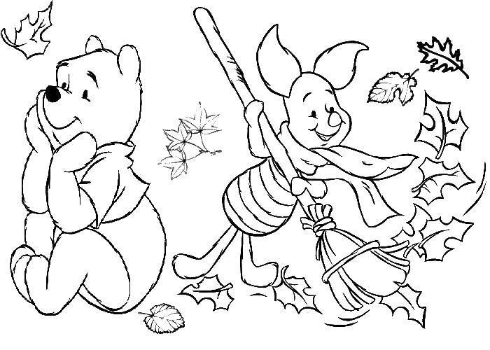 Раскраски из зарубежного мультфильма про Винни Пуха и его друзей для самых маленьких   Винни пух и пятачок убирают листья