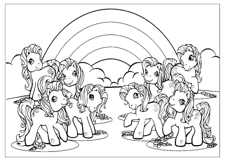 Раскраски с пони из мультика дружба это чудо, май литл пони, добрые раскраски для малышей  Восемь милых пони на фонерадуги