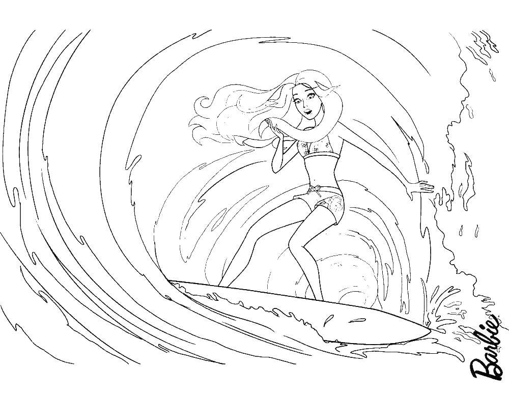 Раскраски с барби по серии мультфильмов  для девочек  Барби занимается сёрфингом