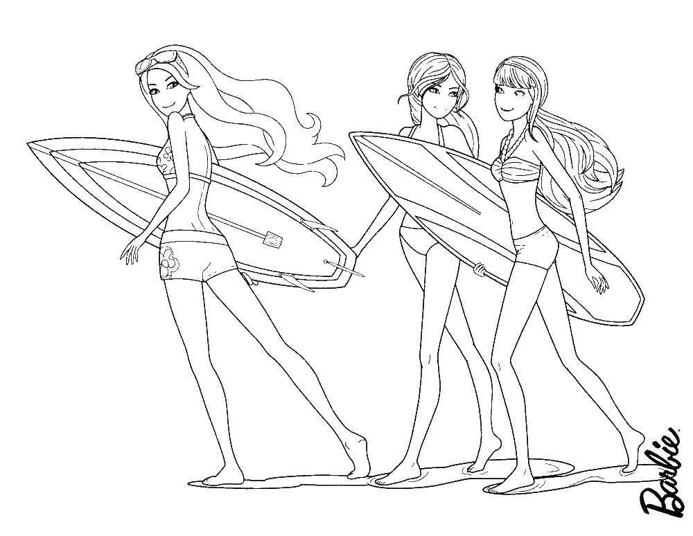 Раскраски с барби по серии мультфильмов  для девочек  Три барби на пляже