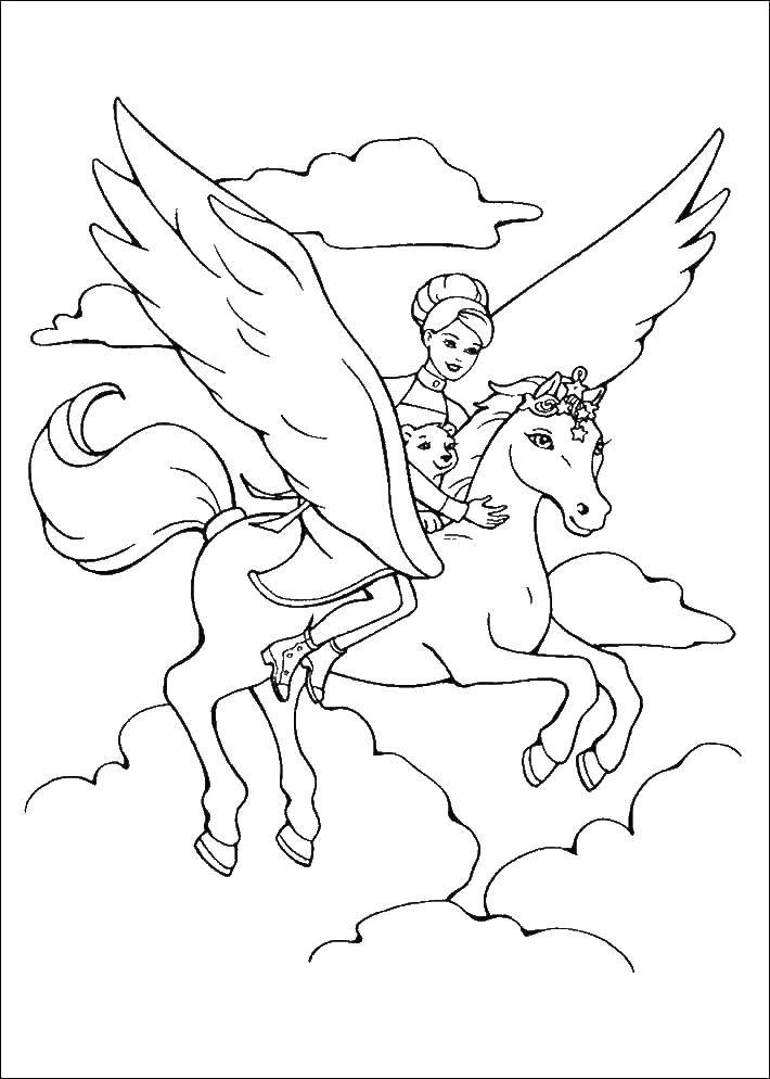 Раскраски с барби по серии мультфильмов  для девочек  Принцесса-барби на летающем пони
