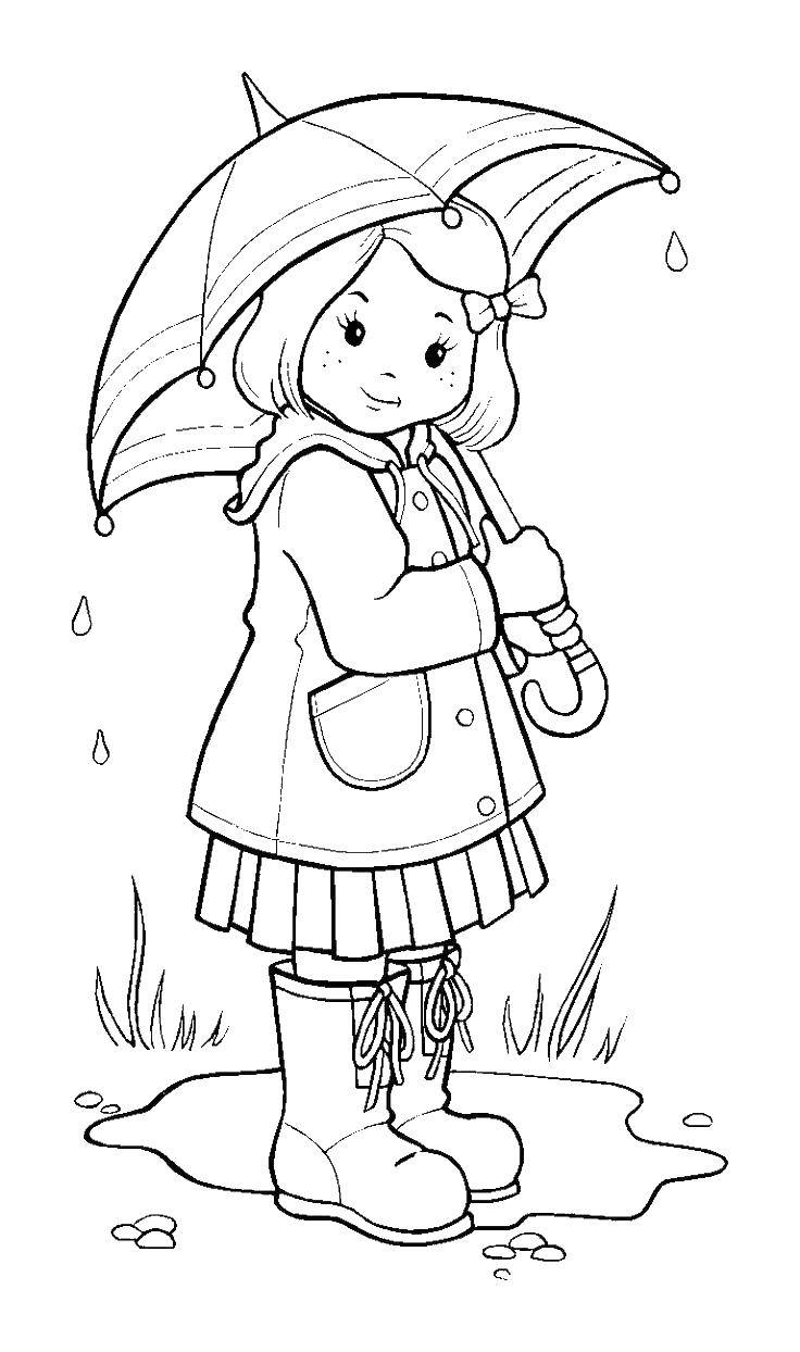 Раскраски природные явления дождь, раскраски дождик для школьников и подростков  Девочка под зонтом