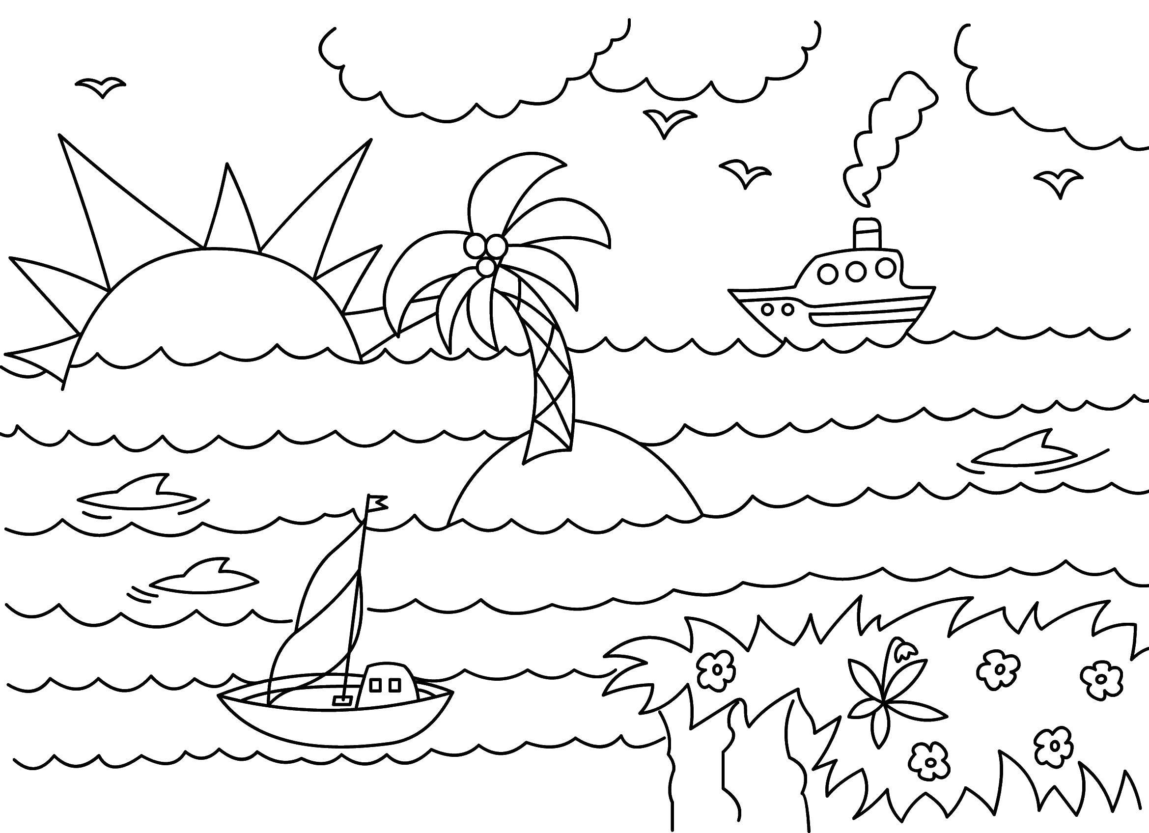  Корабли в море Кораблики плавают возле острова с пальмой.