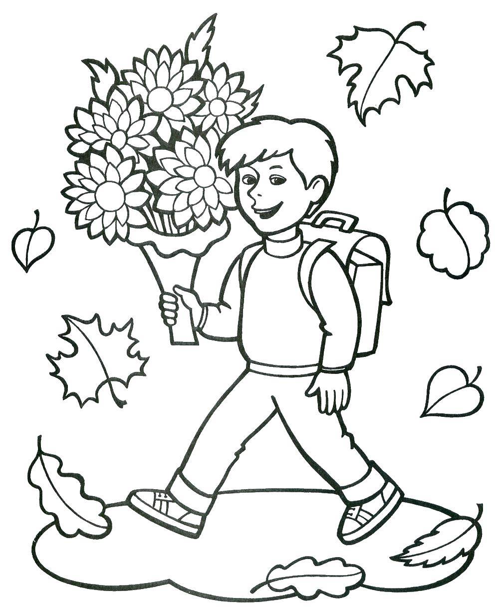 Раскраски осень для малышей, раскраски для детей, раскраски для школьников и подростков  Школьник с букетом