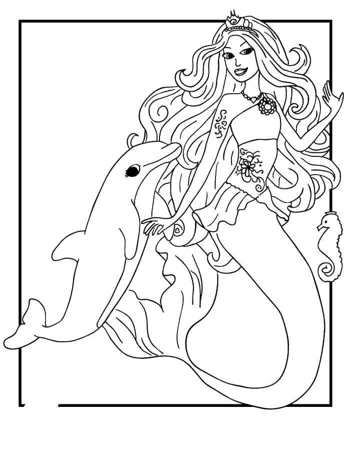 Раскраски с барби по серии мультфильмов  для девочек  Барби русалка с дельфином и морским коньком