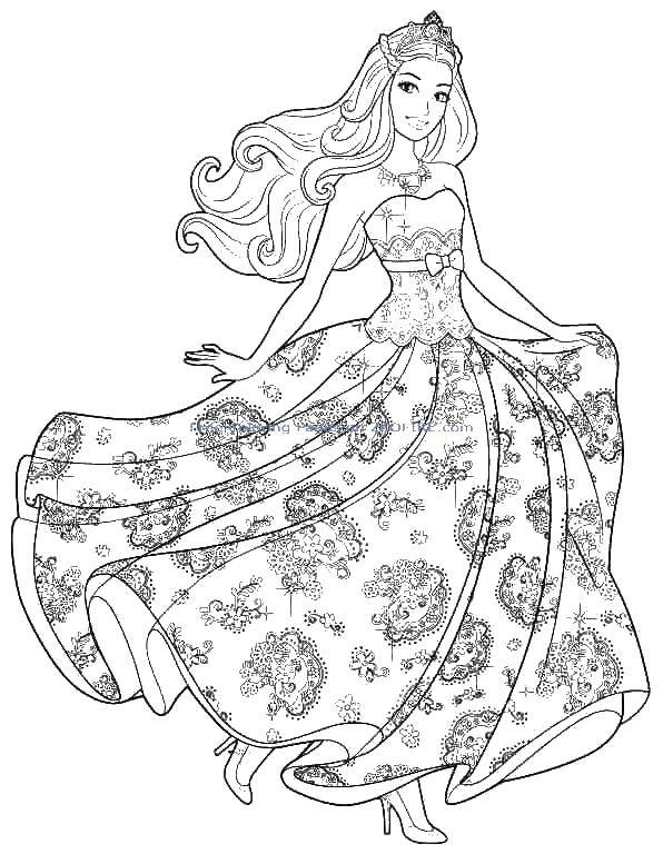 Раскраски с барби по серии мультфильмов  для девочек  Барби в прекрасном платье и с короной