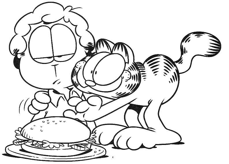 Раскраски про приключения кота Гарфилда для детей  Гарфилд хочет гамбургер