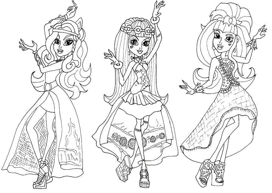 Раскраски с куклами Монстер Хай, монстры старшей школы  3 девочки из монстер хай
