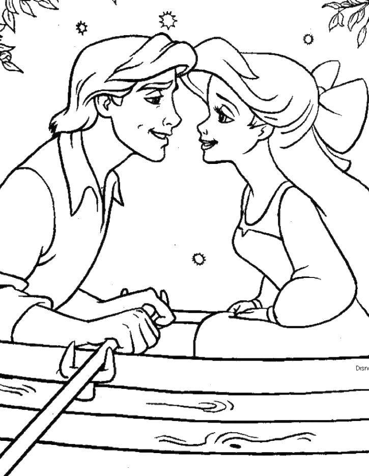 Раскраски по мультфильму русалочка для девочек  Ариэль и принц эрик катаются в лодке