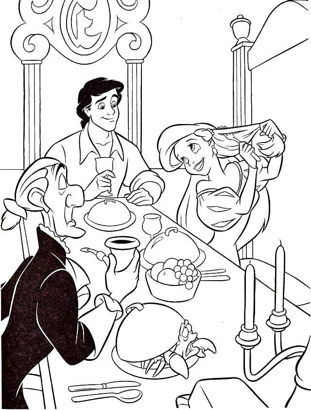 Раскраски по мультфильму русалочка для девочек  Ариэль на ужином
