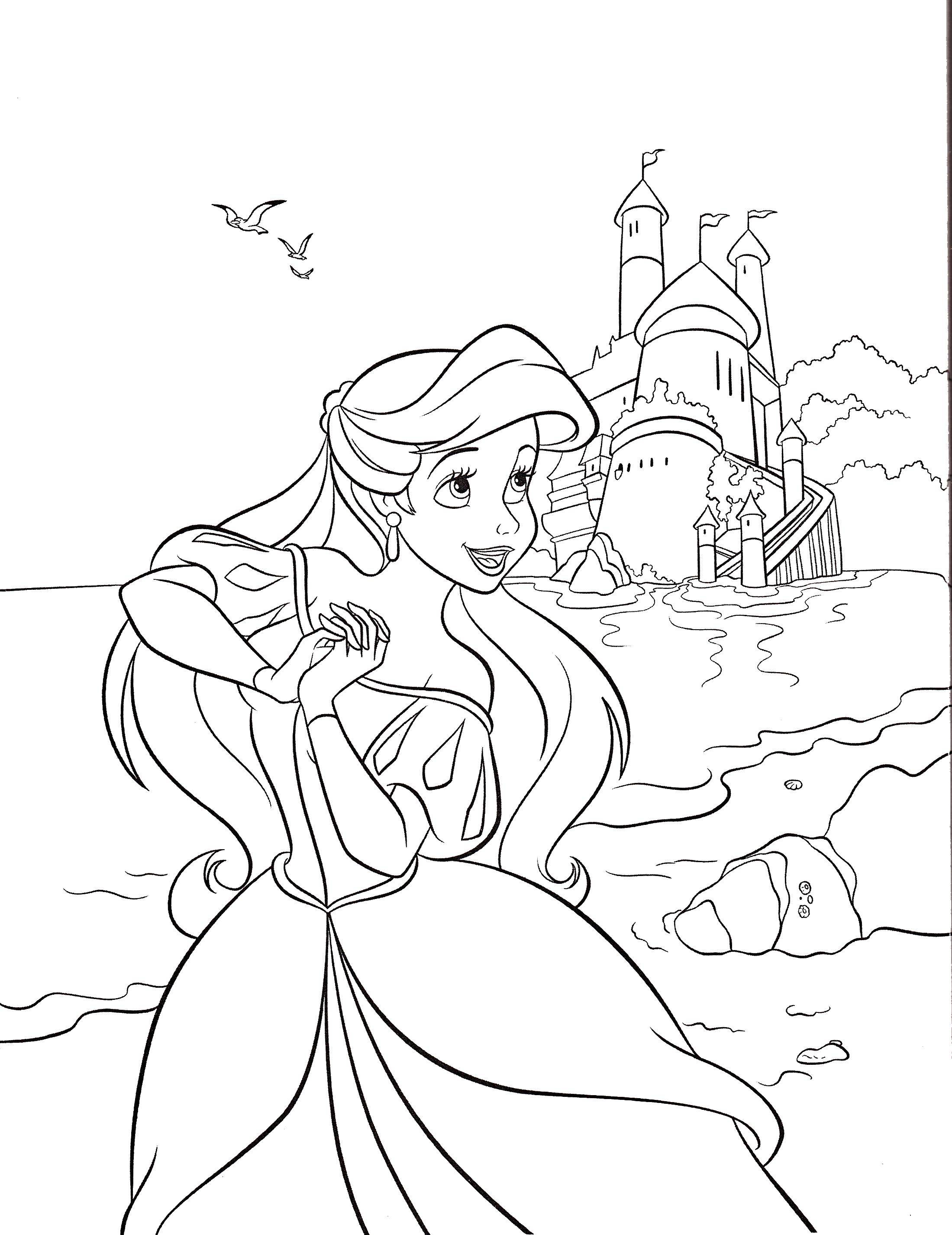 Раскраски по мультфильму русалочка для девочек  Ариэль у моря