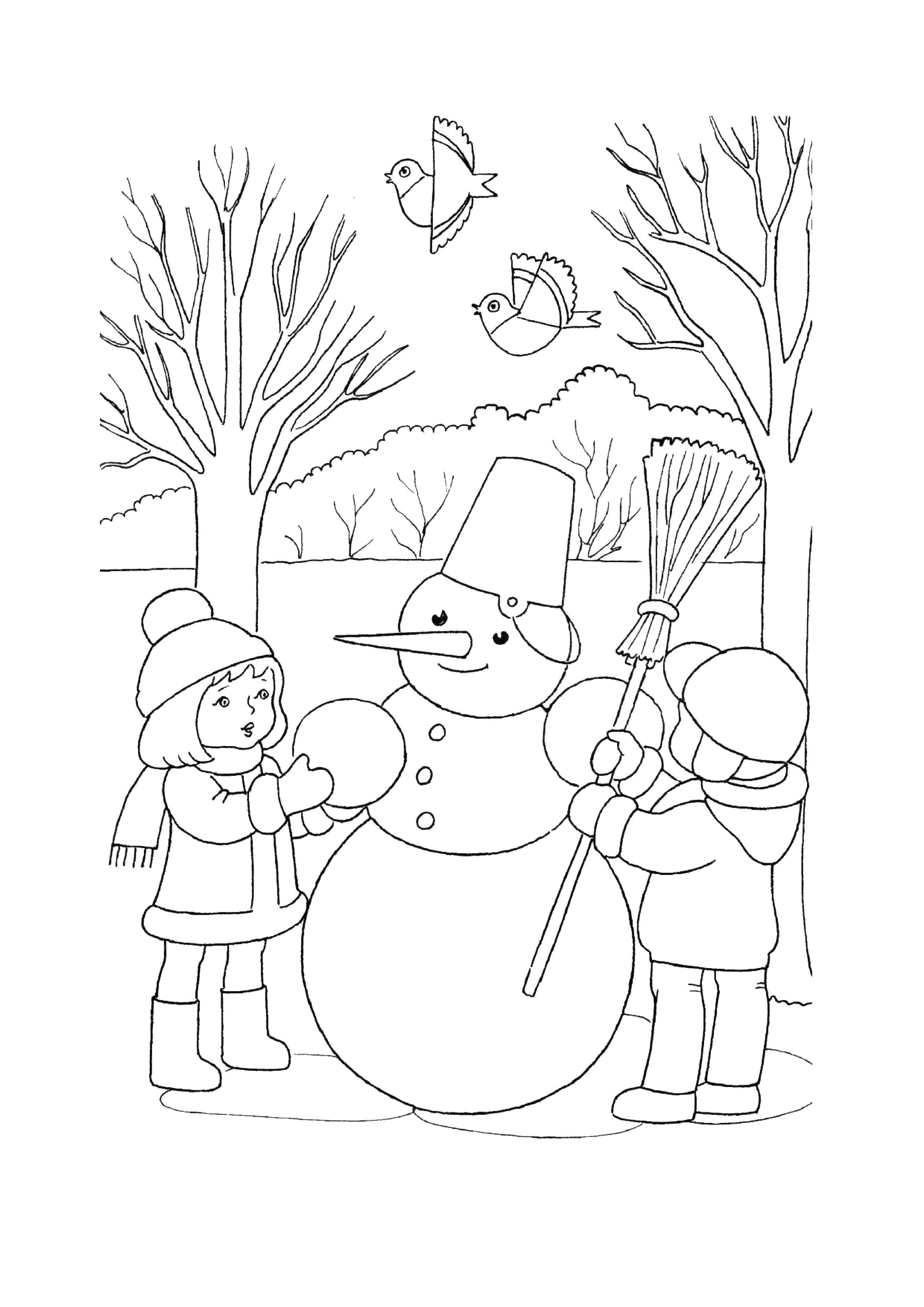 Раскраски для детей Зима, зимушка раскраски для школьников  Дети лепят снеговика с метлой