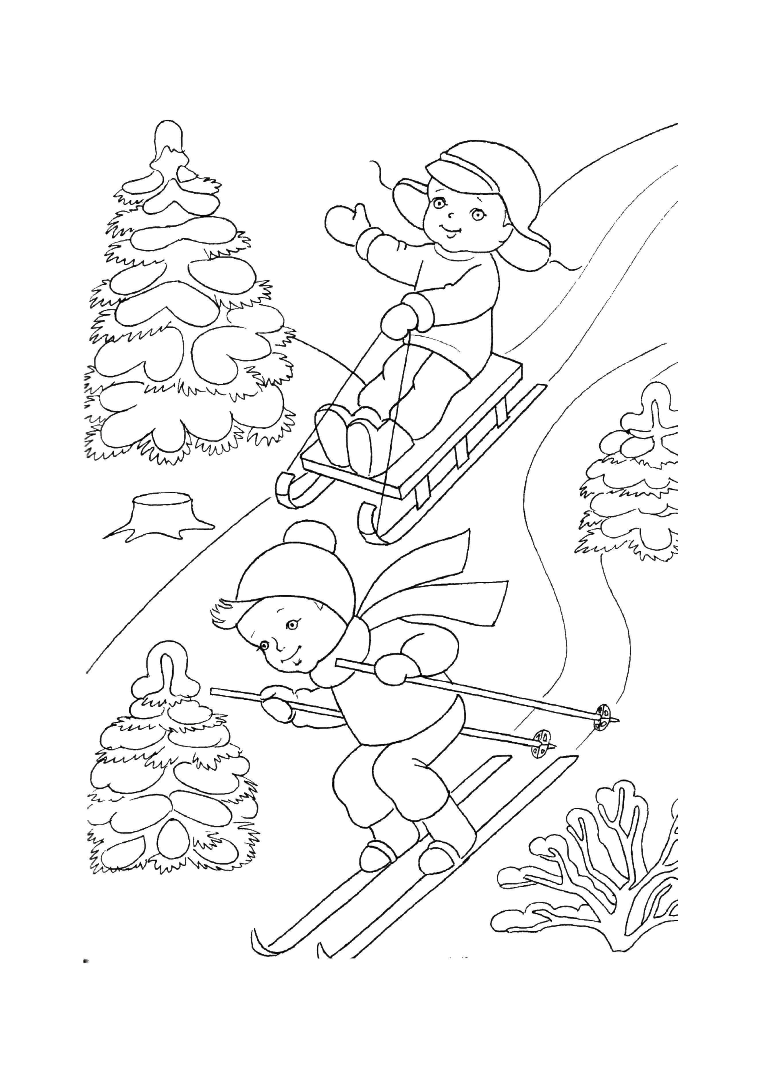 Раскраски для детей Зима, зимушка раскраски для школьников  Детки катаются с горки