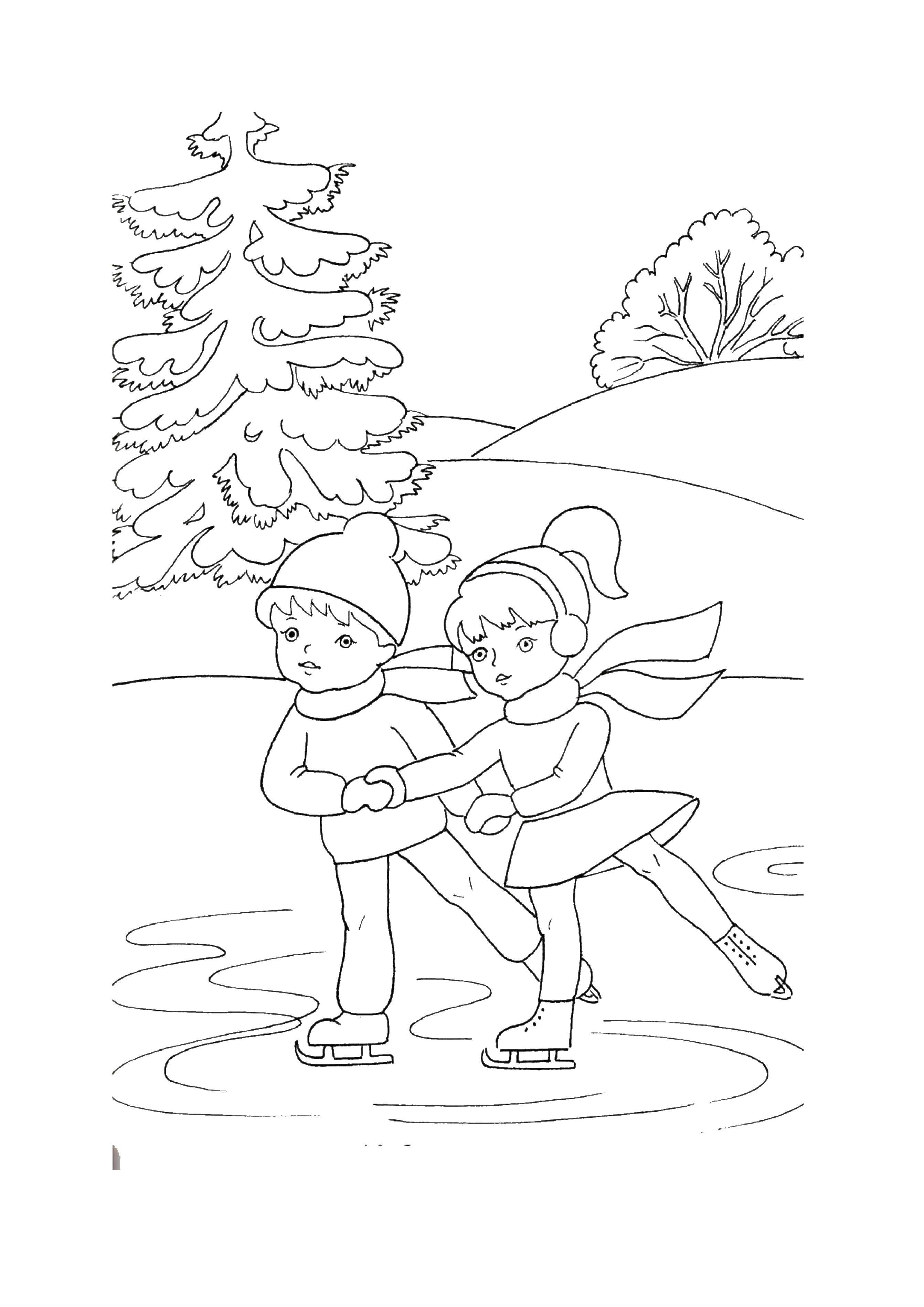 Раскраски для детей Зима, зимушка раскраски для школьников  Мальчик и девочка на льду