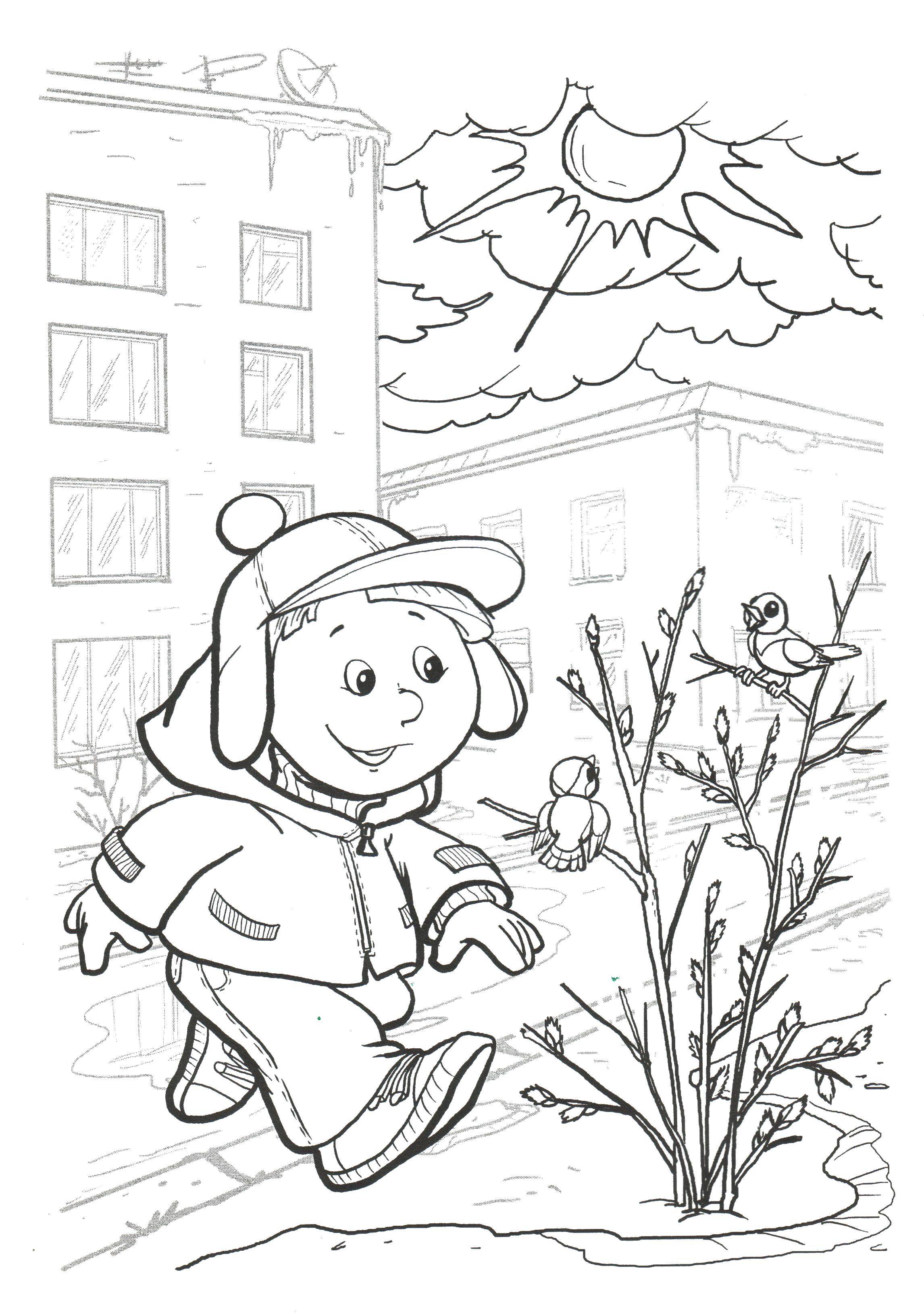 Раскраски весна для детей  Мальчик с птицей на дереве