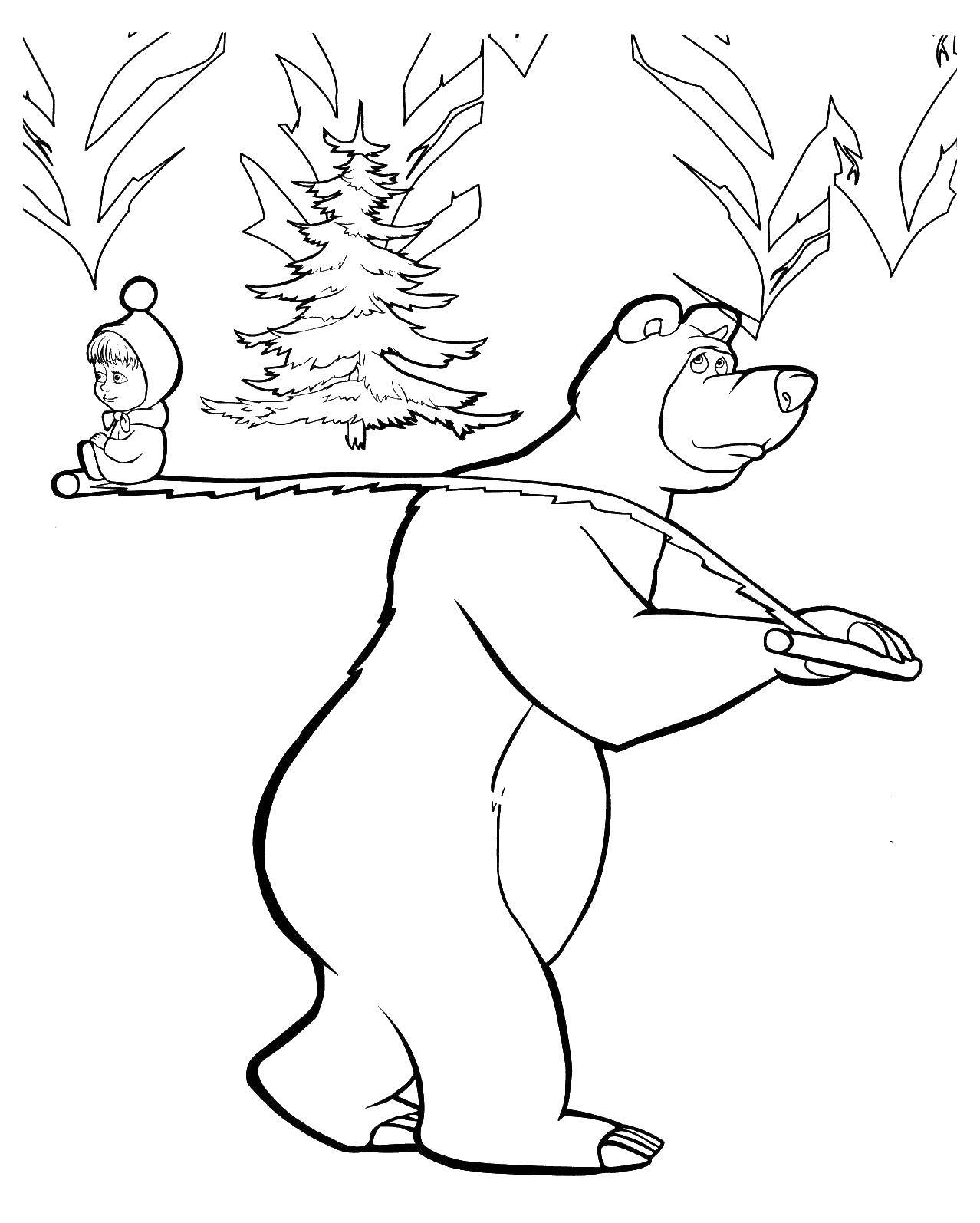 Раскраски для детей про озорную Машу из мультфильма Маша и медведь  Медведь несет машу