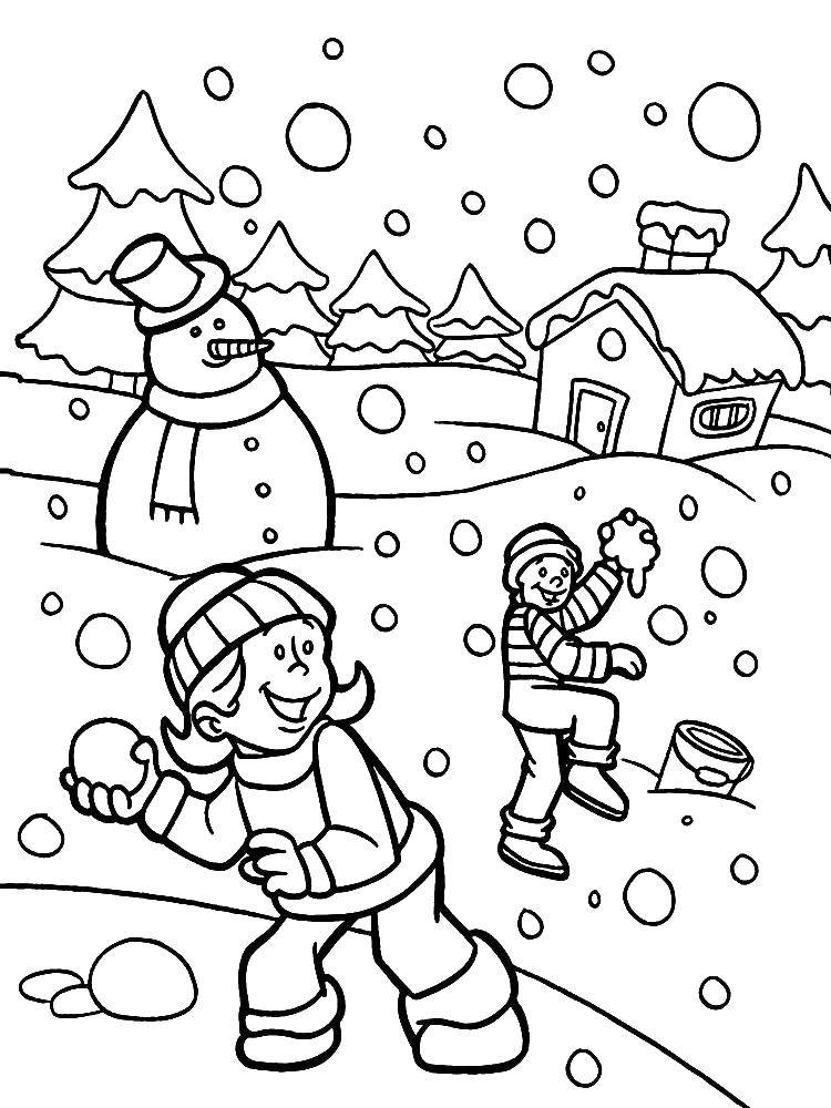 Раскраски для детей Зима, зимушка раскраски для школьников  Игры в снежки зимой