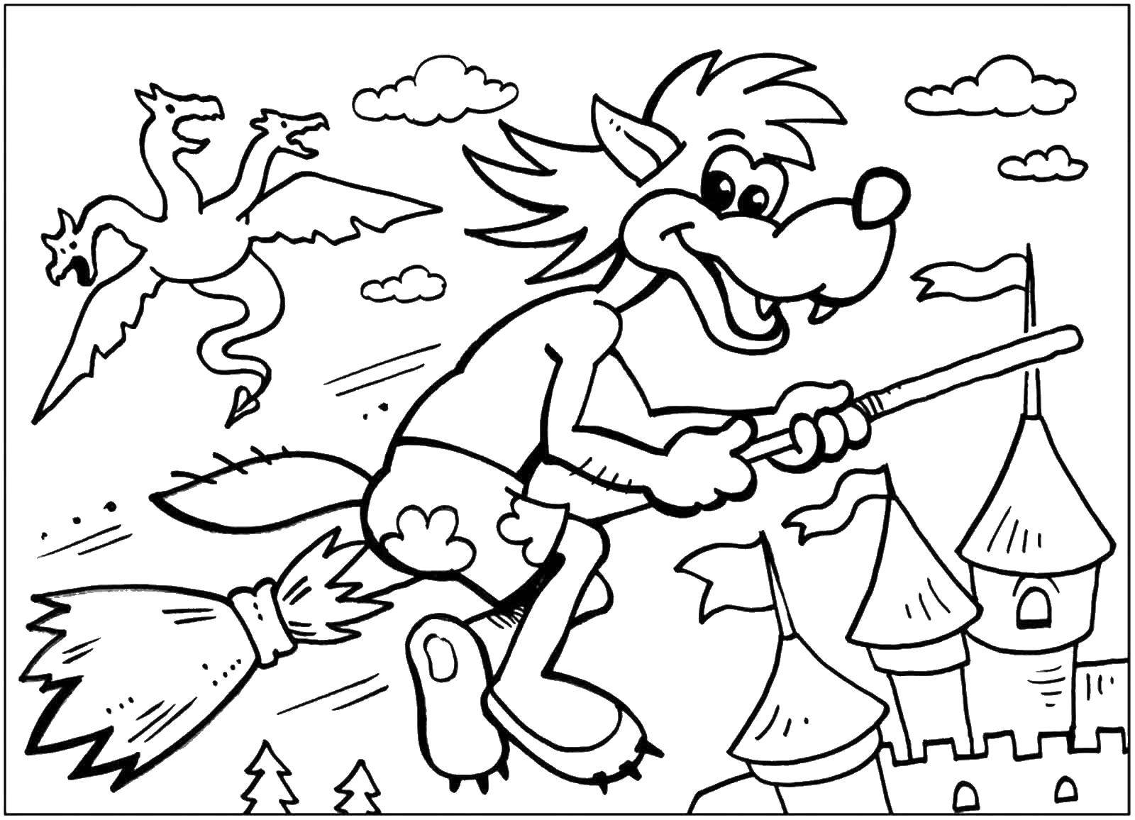 Раскраски к мультфильму Ну погоди, раскраски про волка и зайца для детей  Волк на метле