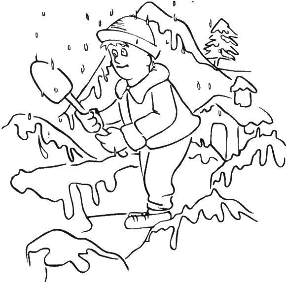 Раскраски для детей Зима, зимушка раскраски для школьников  Человек раскидывает снег