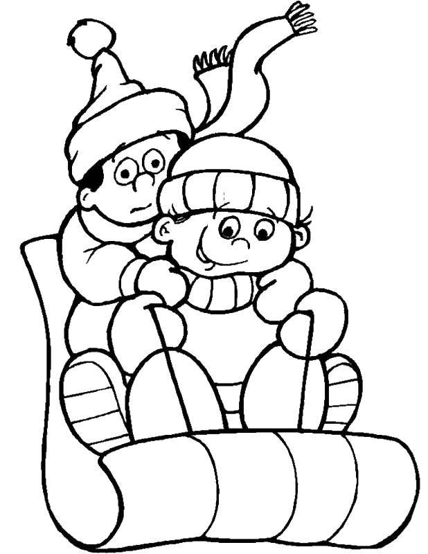 Раскраски зима время года  Дети катаются на санках