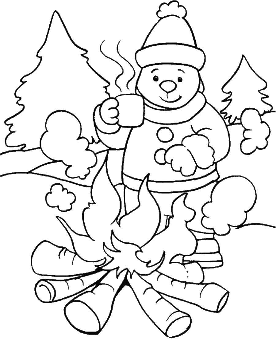 Раскраски для детей Зима, зимушка раскраски для школьников  Костер зимой