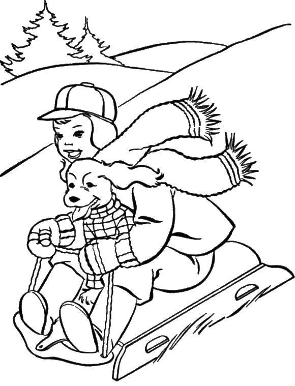 Раскраски зима время года  Мальчик с собакой на санях