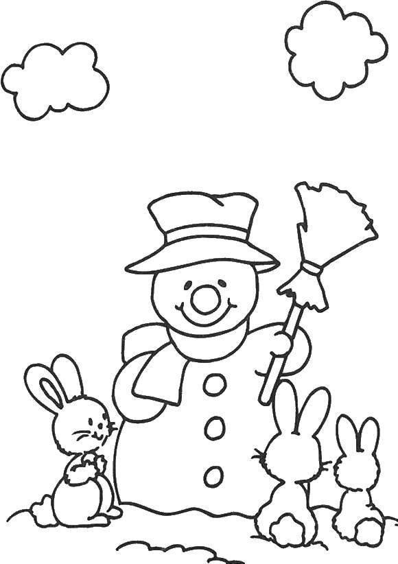Раскраски для детей Зима, зимушка раскраски для школьников  Снеговик и крольчата