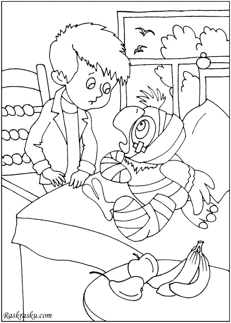 Раскраски Возвращение блудного попугая, раскраски для малышей по советскому мультфильму про попугая Кешу  Кеша болеет