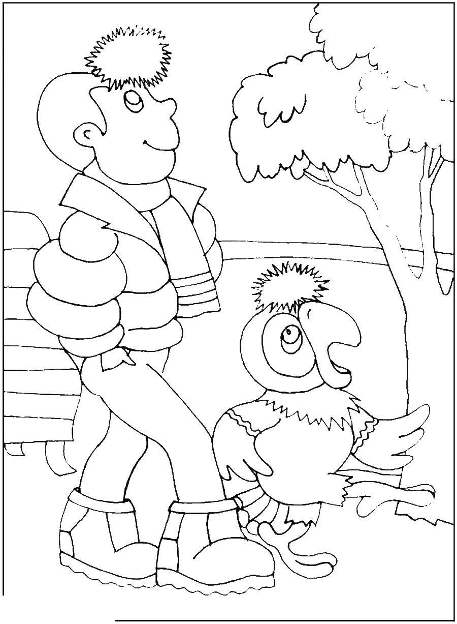 Раскраски Возвращение блудного попугая, раскраски для малышей по советскому мультфильму про попугая Кешу  Мальчик и попугай кеша