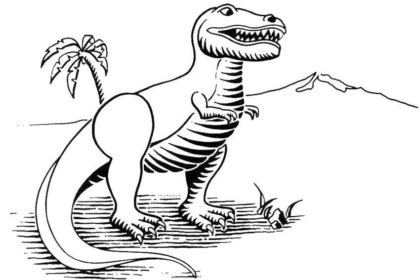  Динозавр в пустыне Динозавр с острыми клыками стоит возле пальмы.