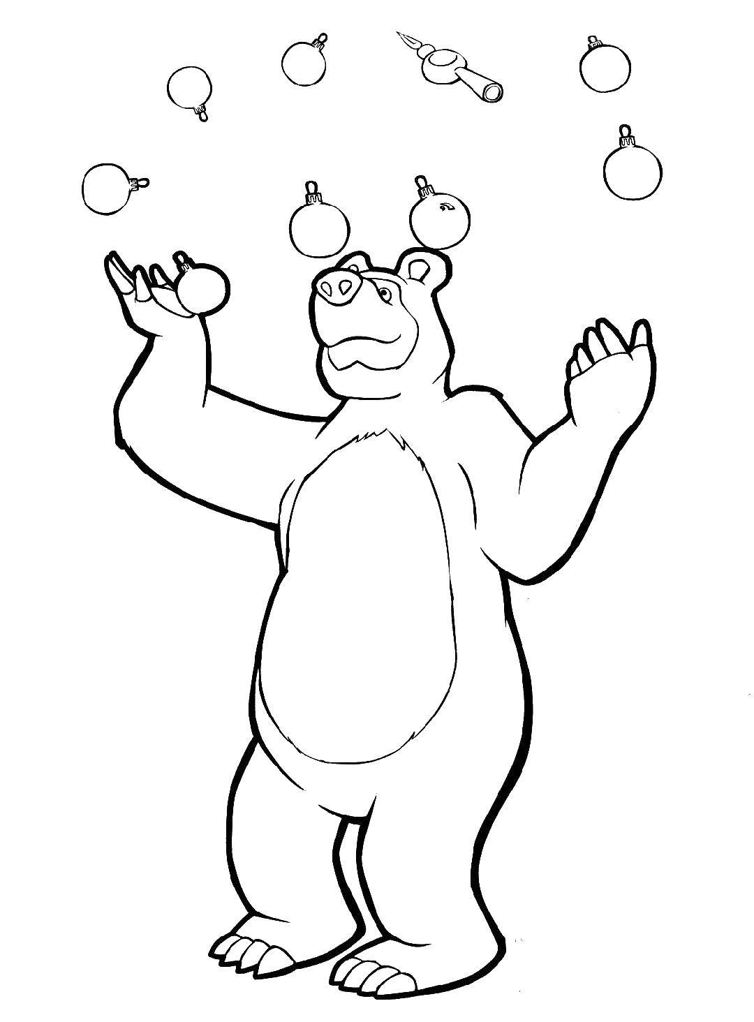 Раскраски для детей про озорную Машу из мультфильма Маша и медведь  Медведь жонглирует