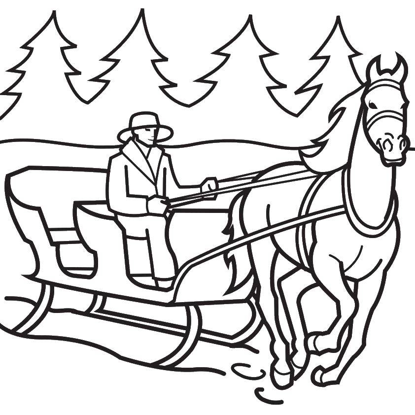 Раскраски для детей Зима, зимушка раскраски для школьников  Человек на санках с лошадью